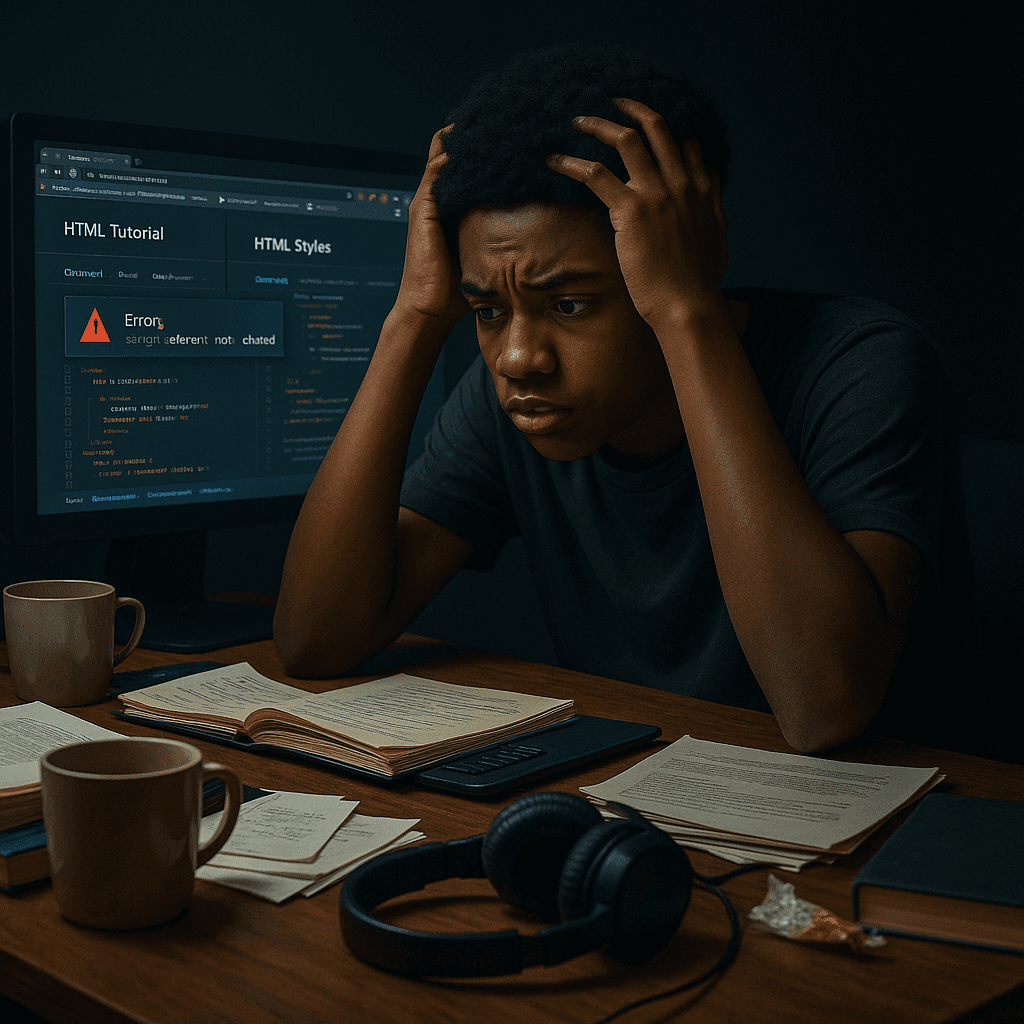 Persona confundida frente a computadora con múltiples pestañas de tutoriales de programación abiertas, expresión de frustración, escritorio desordenado
