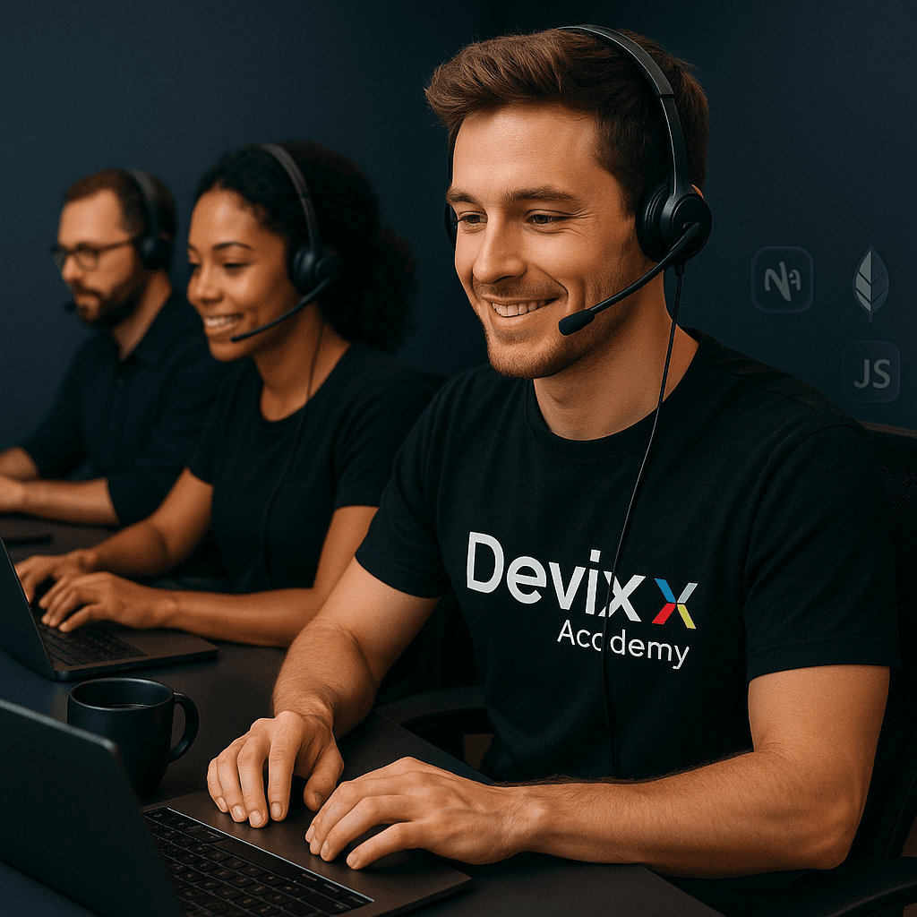 Equipo de soporte de Devix Academy respondiendo consultas de estudiantes, ambiente profesional y amigable de atención al cliente