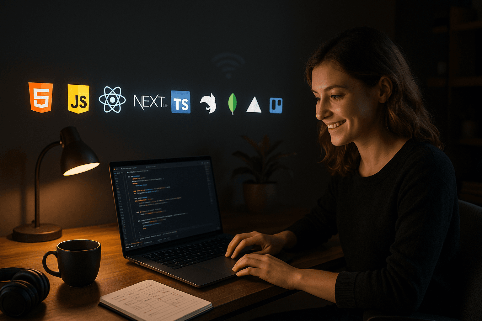 Mujer joven de piel blanca programando en laptop con código real, rodeada de una línea flotante de logos de tecnologías web como HTML, JavaScript, React, Next.js, TypeScript, NestJS, MongoDB, Vercel, Trello, en un entorno moderno con tema oscuro y luz cálida.