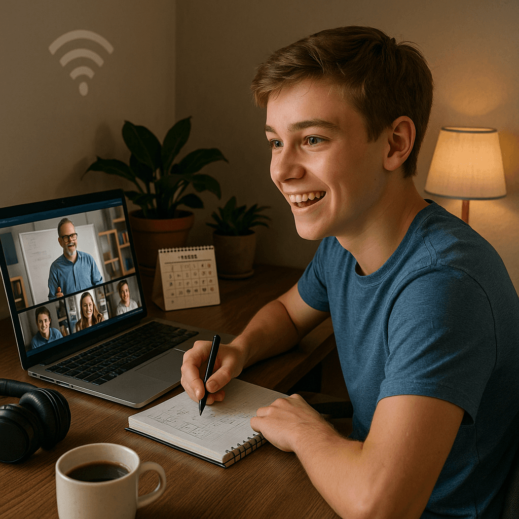Adolescente de piel blanca entusiasmado tomando clase online en vivo desde casa, frente a laptop con videollamada activa, calendario visible, icono de WiFi, libreta de apuntes y escritorio acogedor que simboliza duración intensiva, conexión y motivación por aprender.