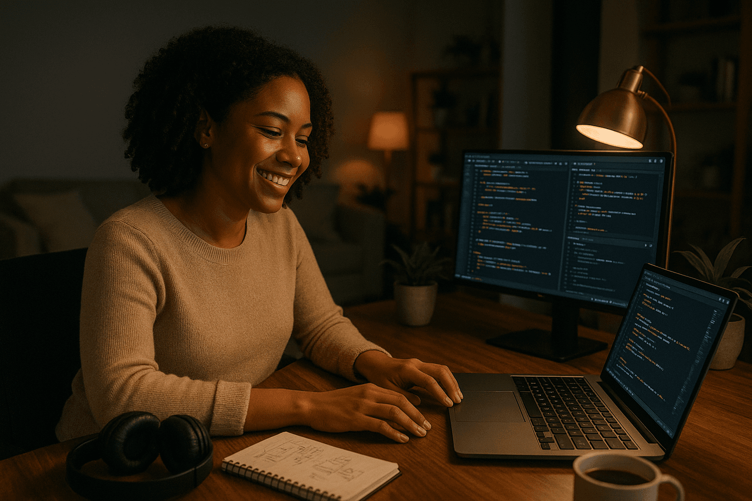 Mujer joven de piel oscura disfrutando su trabajo remoto como desarrolladora web, escribiendo código en React, JavaScript y MongoDB desde su hogar, rodeada de audífonos, libreta, café y una estación de trabajo moderna en un entorno cálido y profesional
