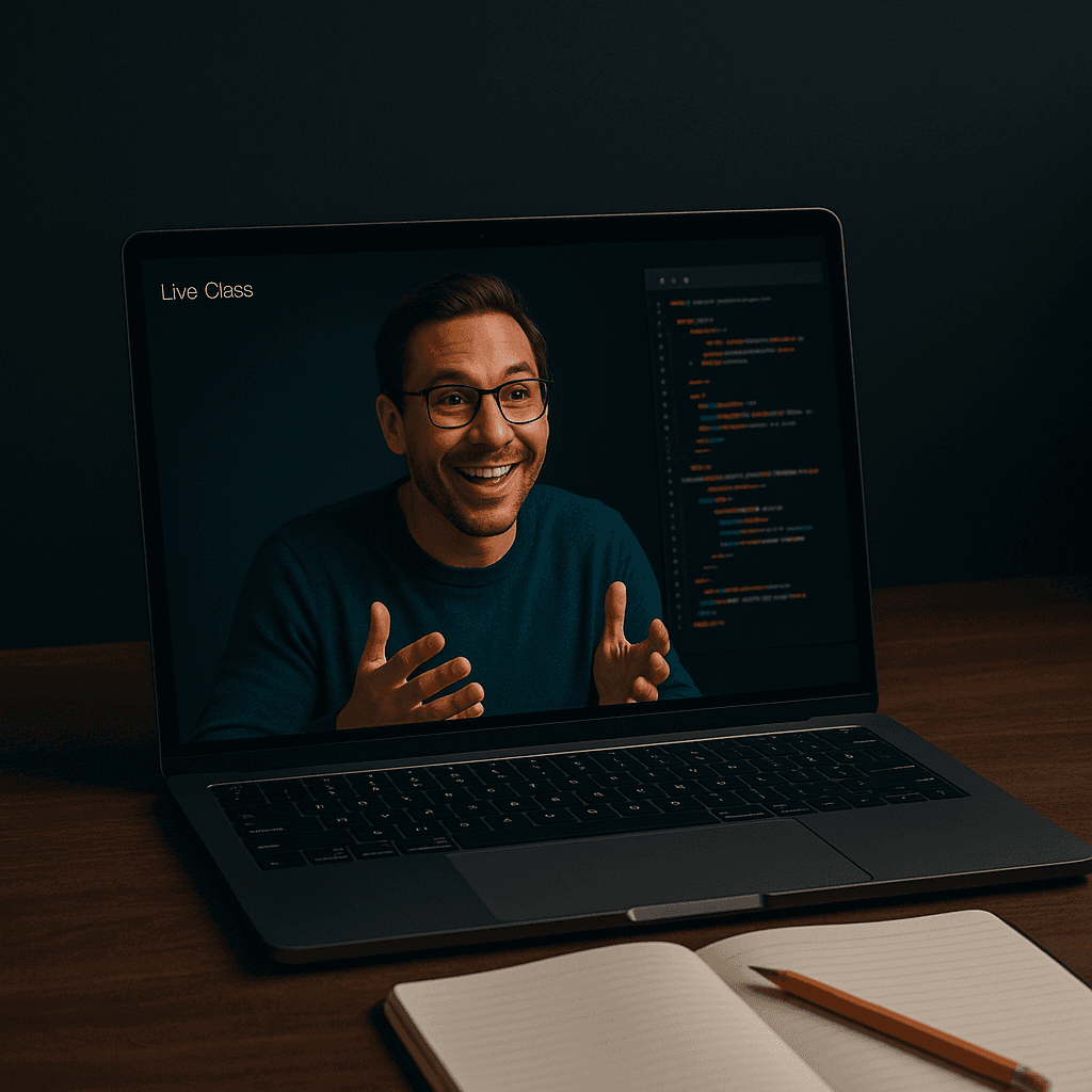 Setup de escritorio minimalista con laptop abierta mostrando videollamada de clase en vivo, cuaderno y lápiz al lado, ambiente de estudio cómodo en casa