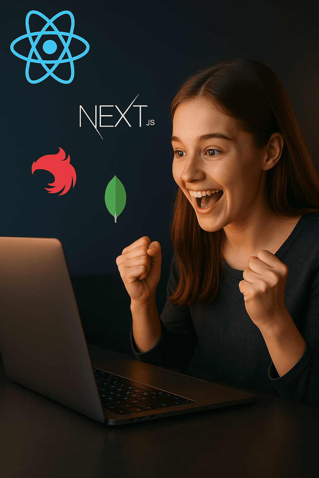 Desarrollador Full Stack trabajando en múltiples pantallas con código frontend, backend, base de datos y aplicaciones móviles, setup profesional de desarrollo