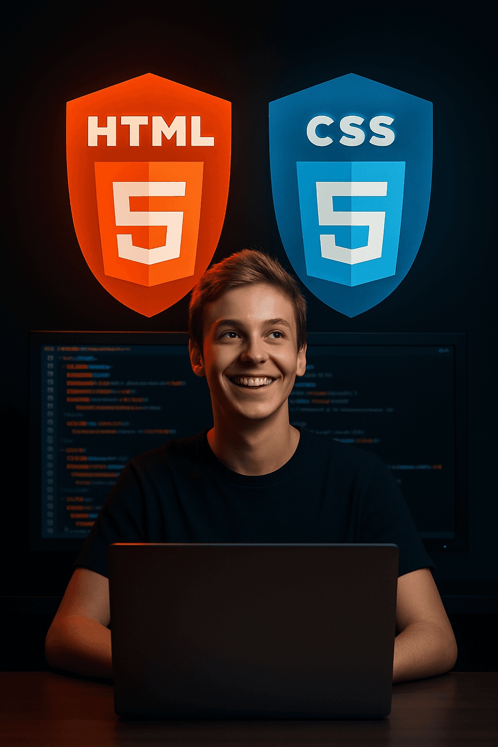 Estudiante joven programando en computadora con código HTML y CSS visible en pantalla, ambiente moderno de oficina en casa