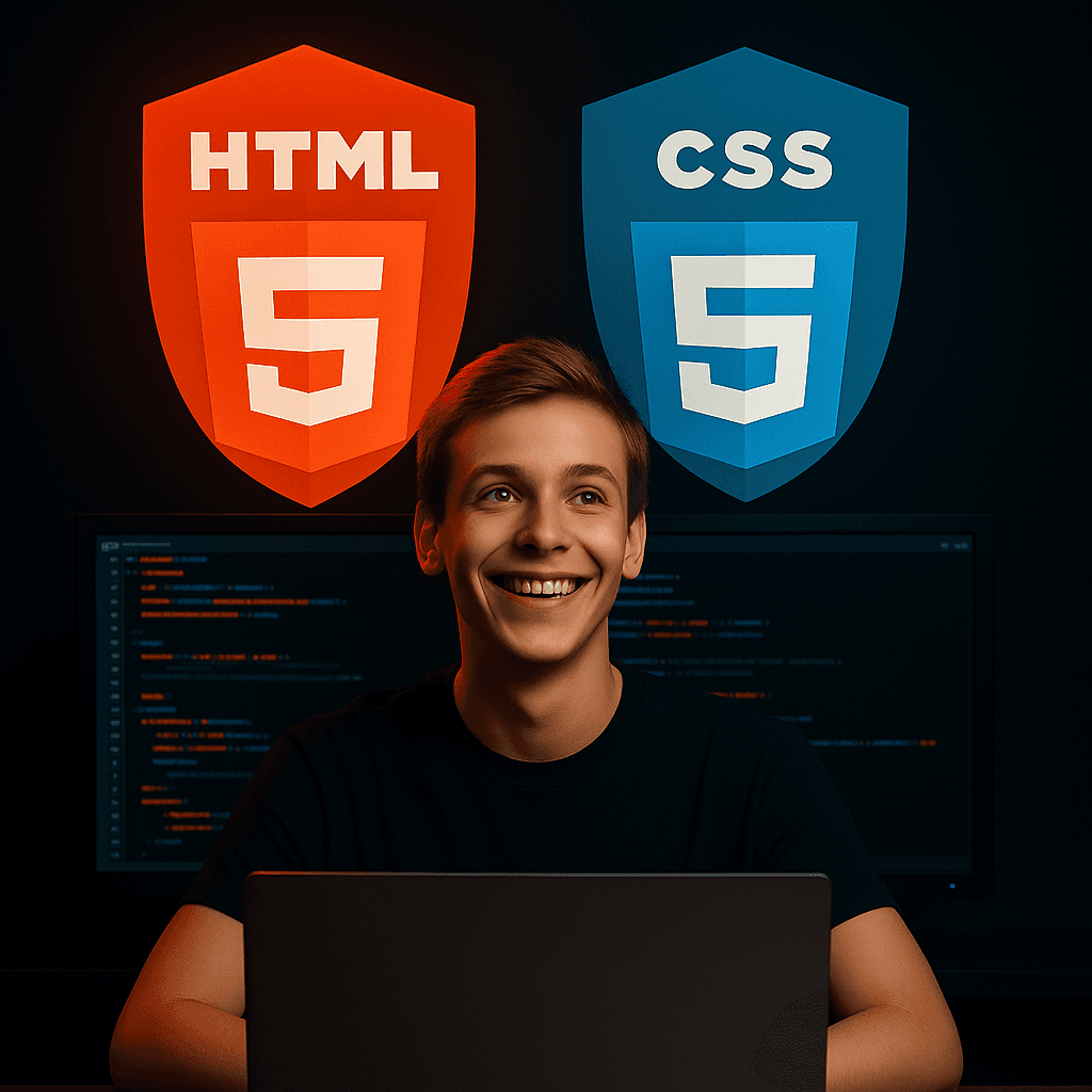 Estudiante joven programando en computadora con código HTML y CSS visible en pantalla, ambiente moderno de oficina en casa